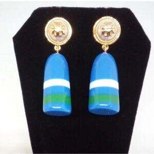 NEW Tory Burch Blue Buoy & Swarovski Pearl Gold Drop Earrings on TB Earring card